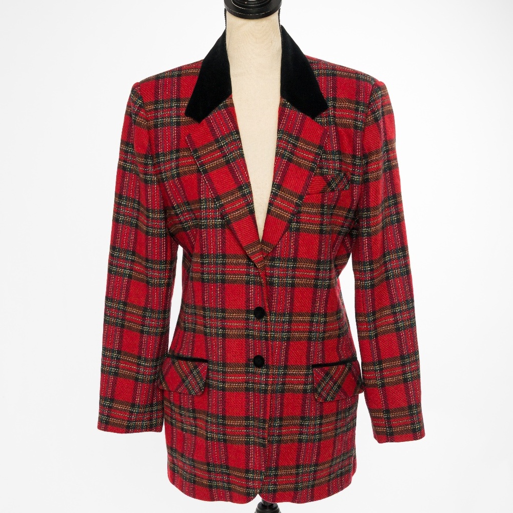 Vintage wool tartan plaid blazer with black velvet trim & buttons M - Picture 1 of 16